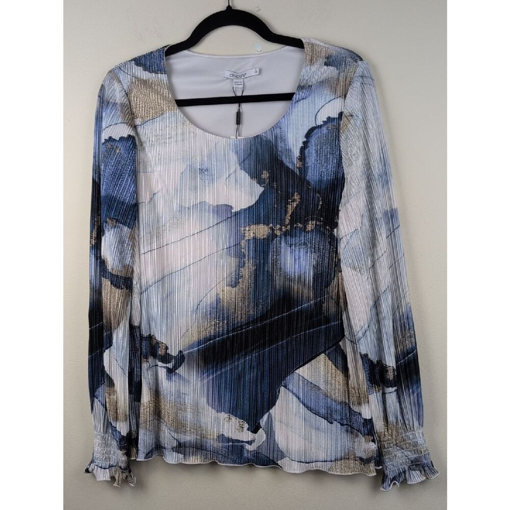 Chico's Ocean Glitz Crinkle Long Sleeve Knit Top in English Cream NWT Size L